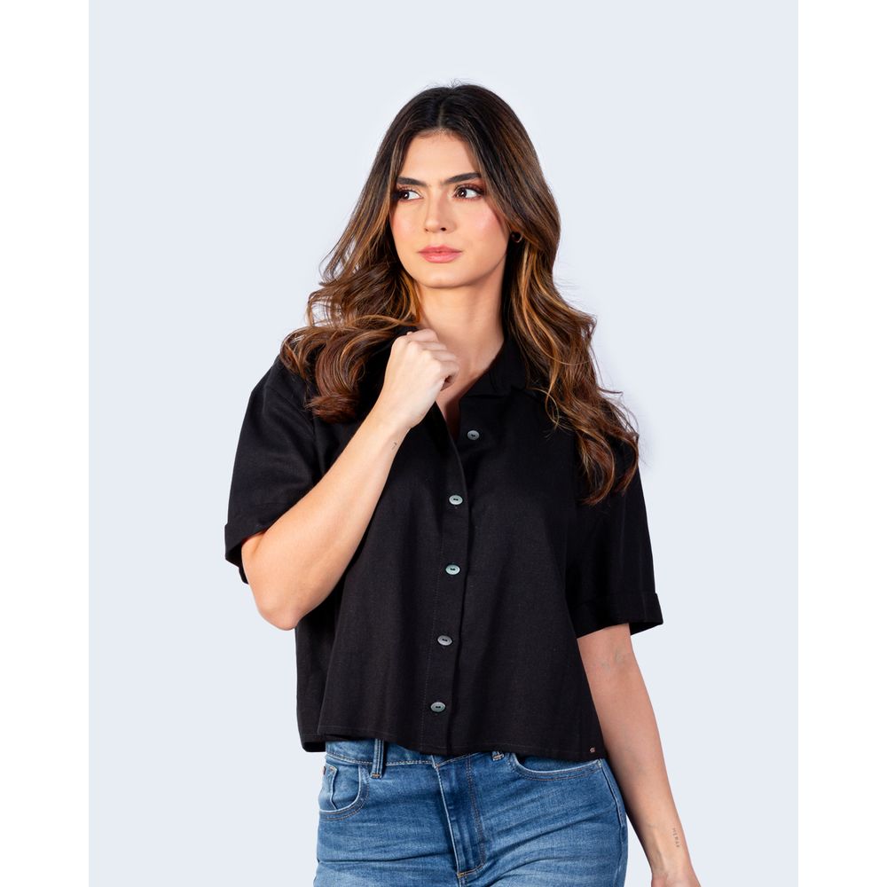 Oxford Jeans Camisa negra manga corta para mujer